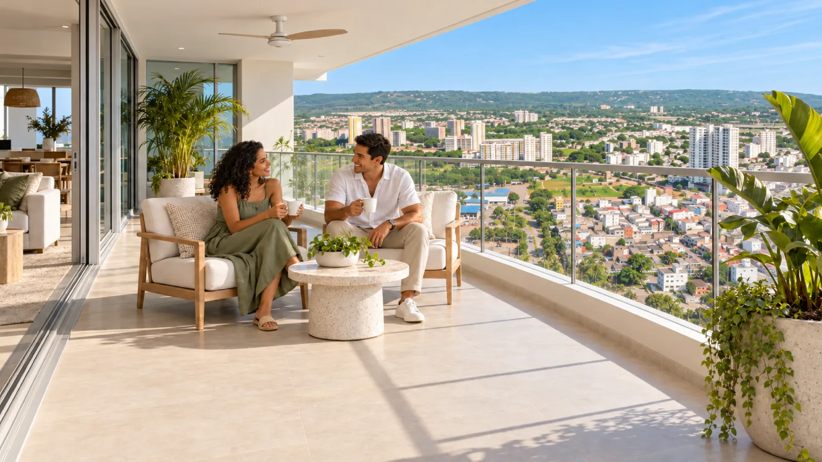 Pareja tomando café en el balcón de un apartamento Oporto, con vista a la ciudad de Cartagena