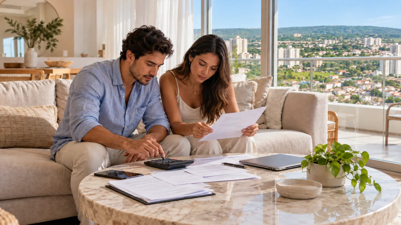 Pareja revisando sus cuentas en la sala de su apartamento, con vista a la ciudad