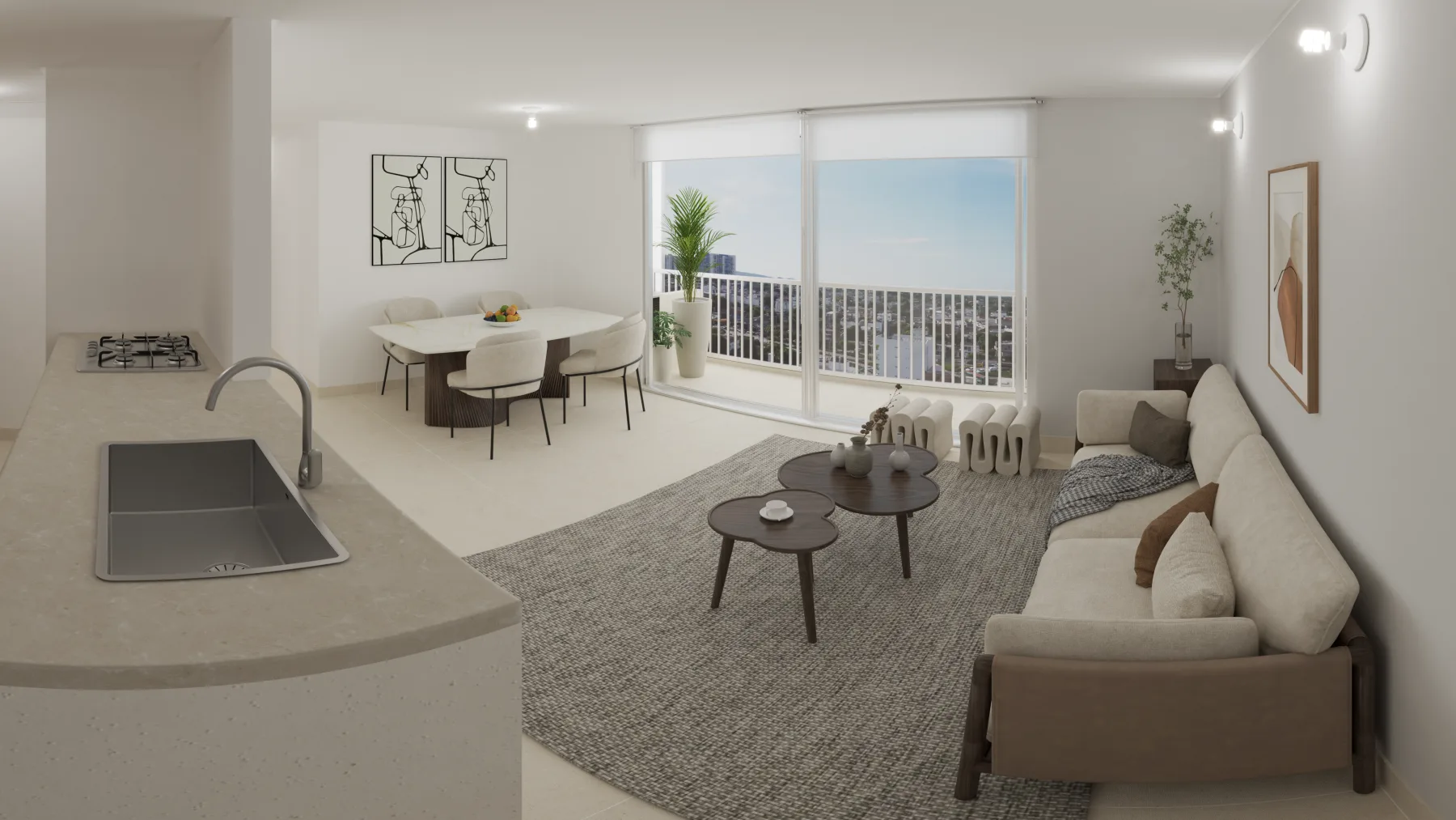 Estar y comedor del apartamento Oporto con balcón, vista a Cartagena y cocina abierta