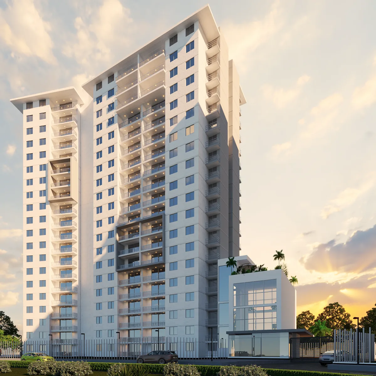 Render de las torres de Oporto en La Providencia, Cartagena, al atardecer