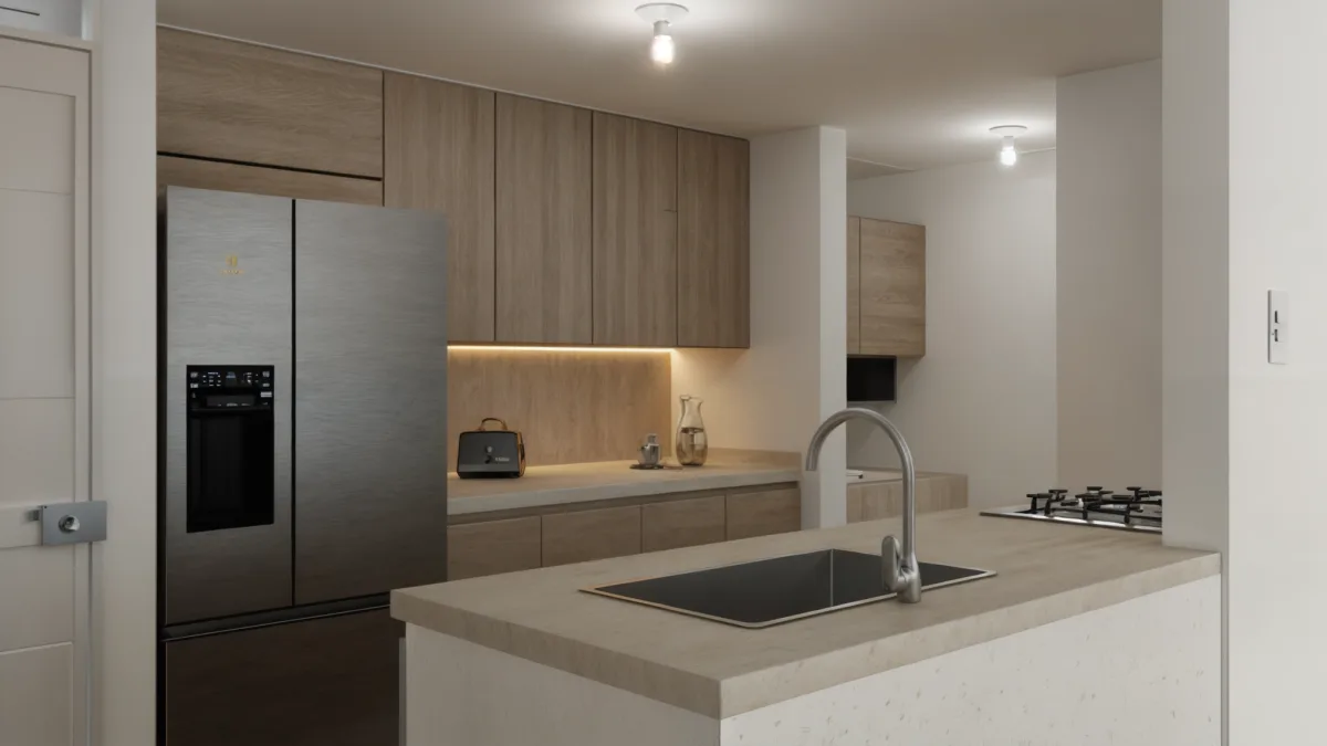 Cocina terminada de un apartamento Oporto: mesón, isla con poceta, cocina a gas y muebles en madera