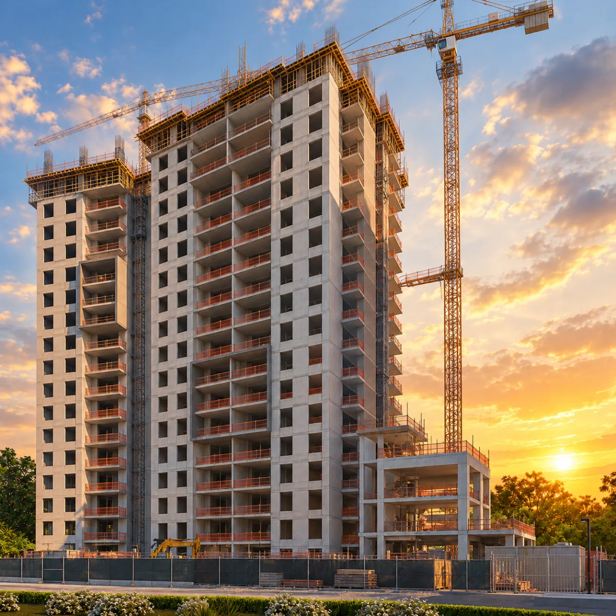 Torre de Oporto en construcción al atardecer, con grúa torre y estructura en concreto a la vista