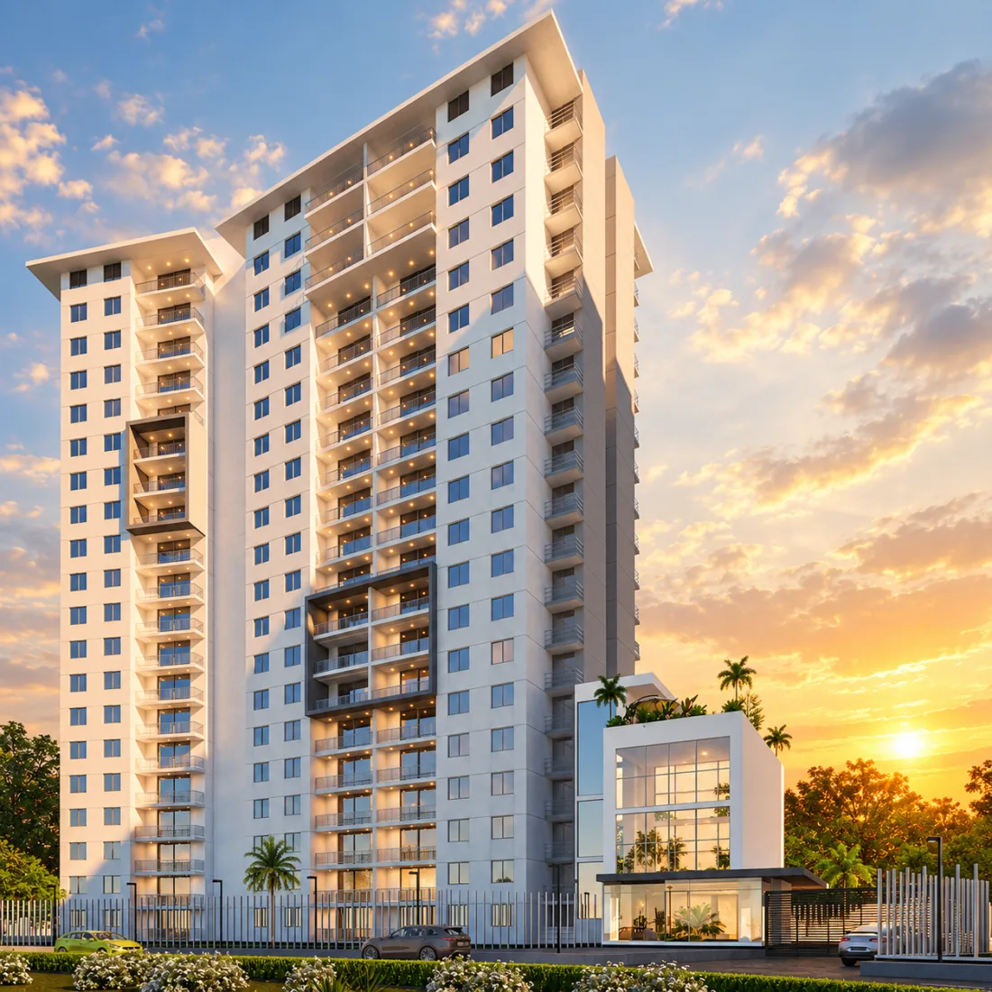 Render de la Torre 1 de Oporto en La Providencia, Cartagena, al atardecer