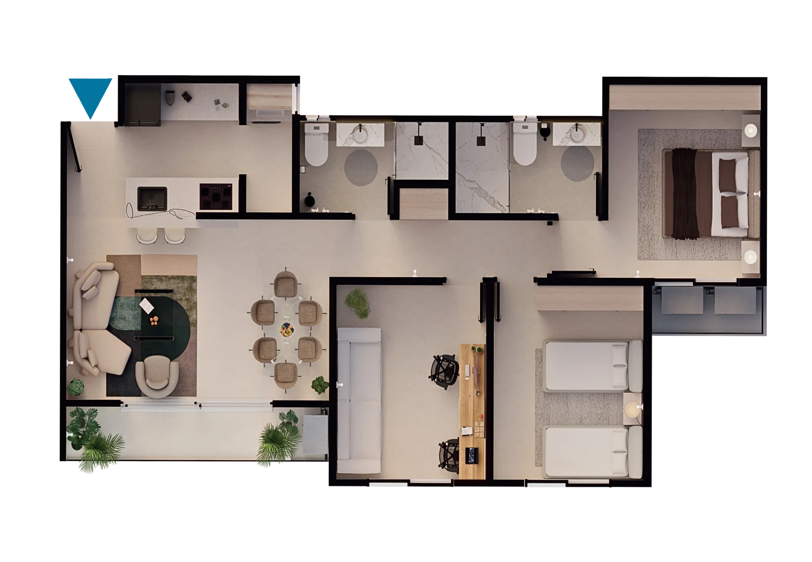 Plano del apartamento tipo de Oporto: sala-comedor, cocina, balcón, alcoba principal y dos alcobas