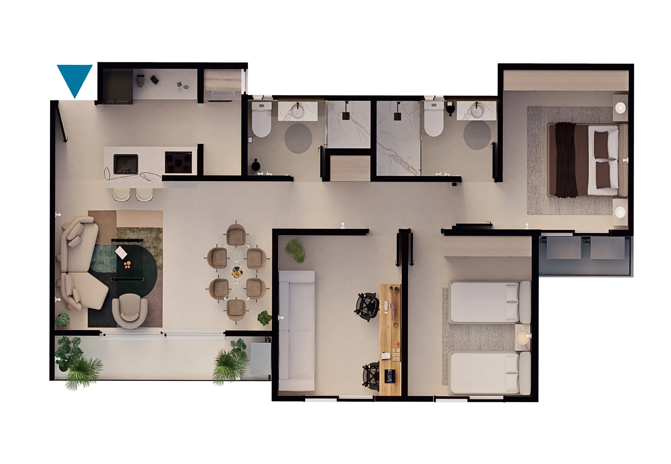 Plano del apartamento Oporto: sala-comedor, cocina, balcón, estudio, dos alcobas y dos baños