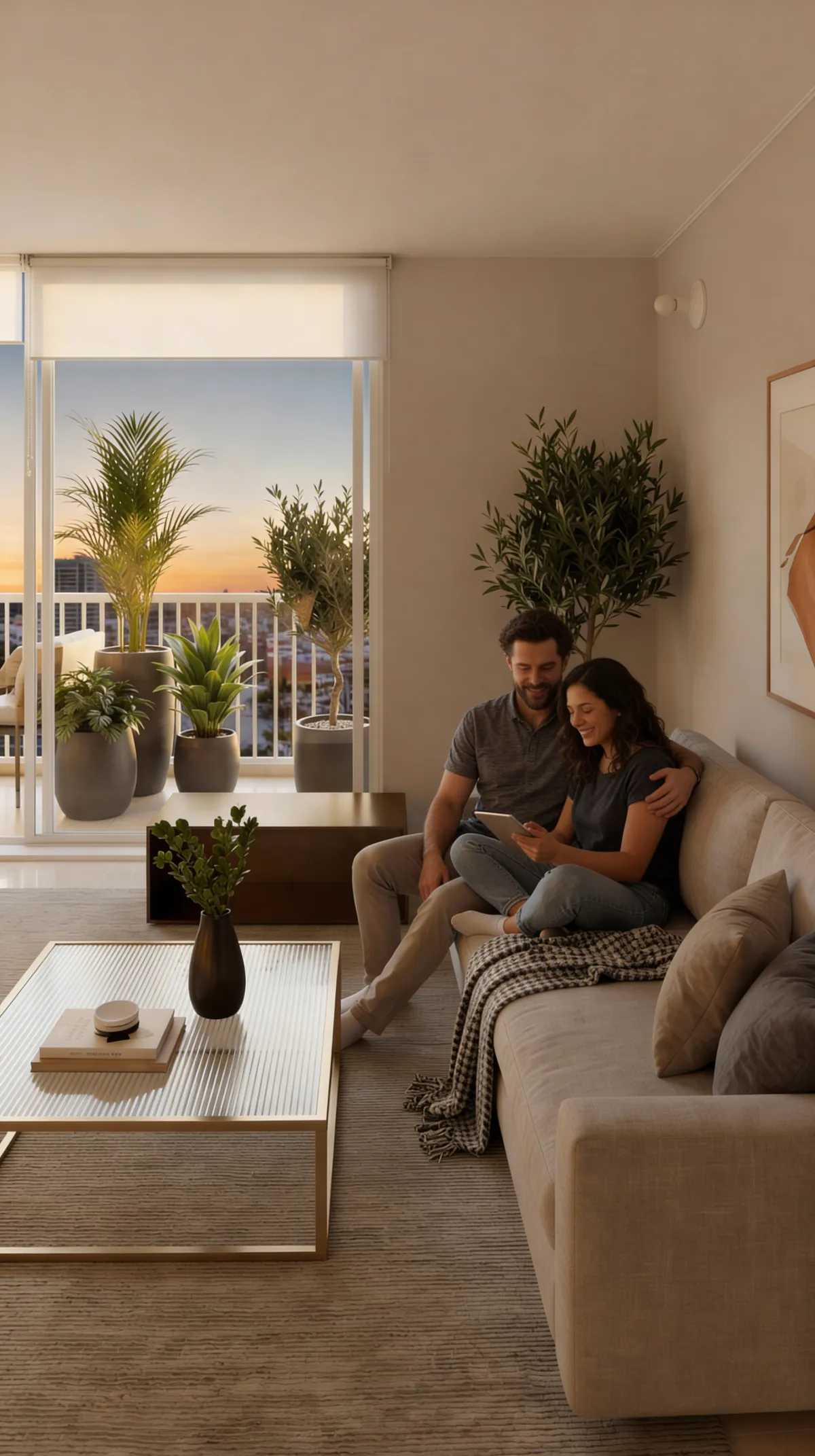 Pareja en la sala de un apartamento Oporto con balcón y vista a Cartagena al atardecer