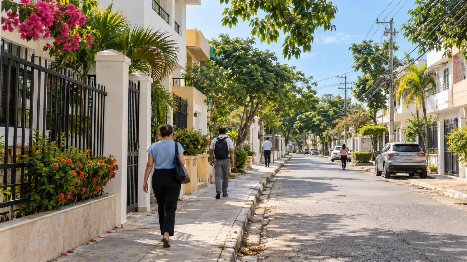 Calle arbolada del barrio La Providencia en Cartagena, con andenes amplios, jardines y vecinos caminando